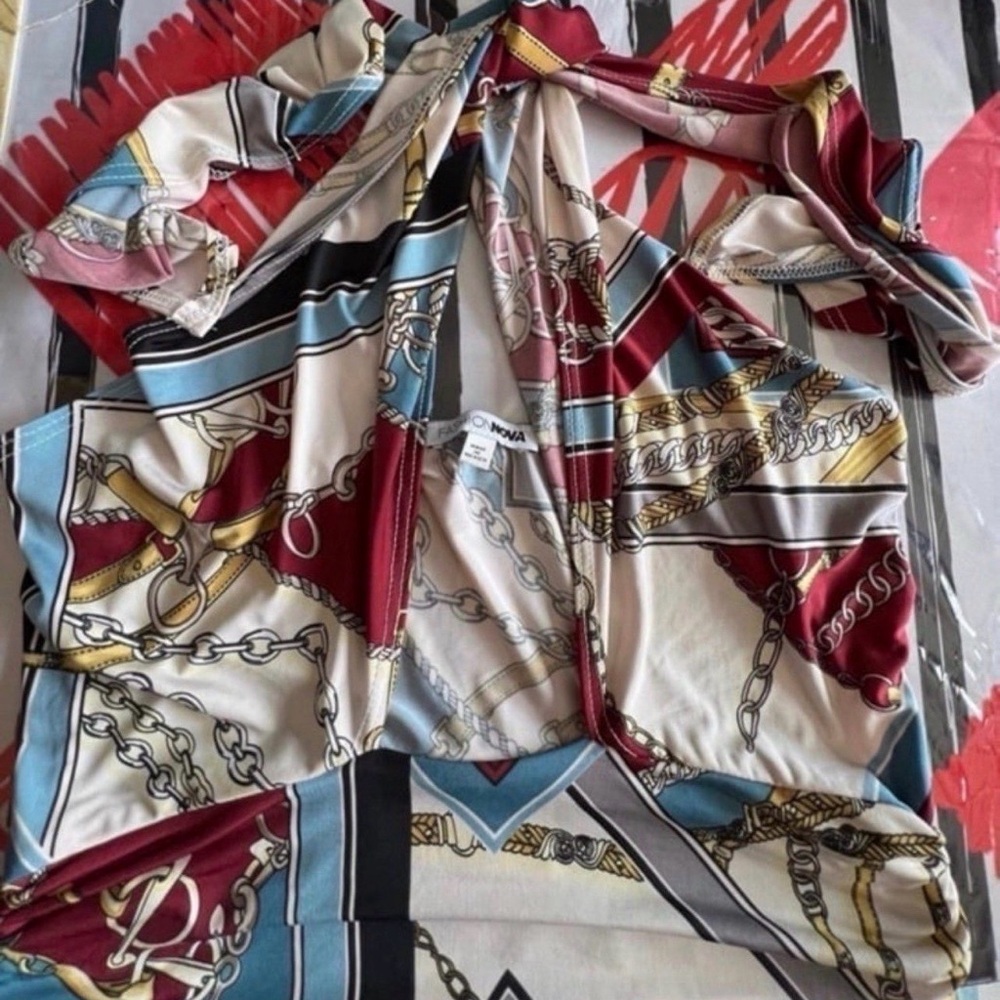 Silky Chain Print Scarf Top in Burgundy, Blue & Cream